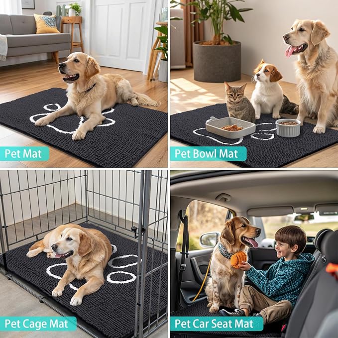 Smiry Dog Door Mat for Muddy Paws, Absorbent Dirt Trapper Non Slip Quick Dry Washable Chenille Mat for Mud Dogs, Entry Rug for Indoor and Outdoor (59x24 Inches, Black and White)