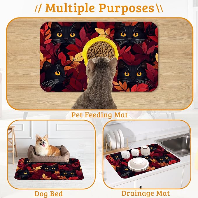 Dog Bowl Mat,Black Cat Pet Feeding Mat for Floors Waterproof,Forest Red Absorbent Dogs Placemat for Food and Water Quick Dry Pet Cat Feeding Mats with Non Slip Bottom 12" x 20"