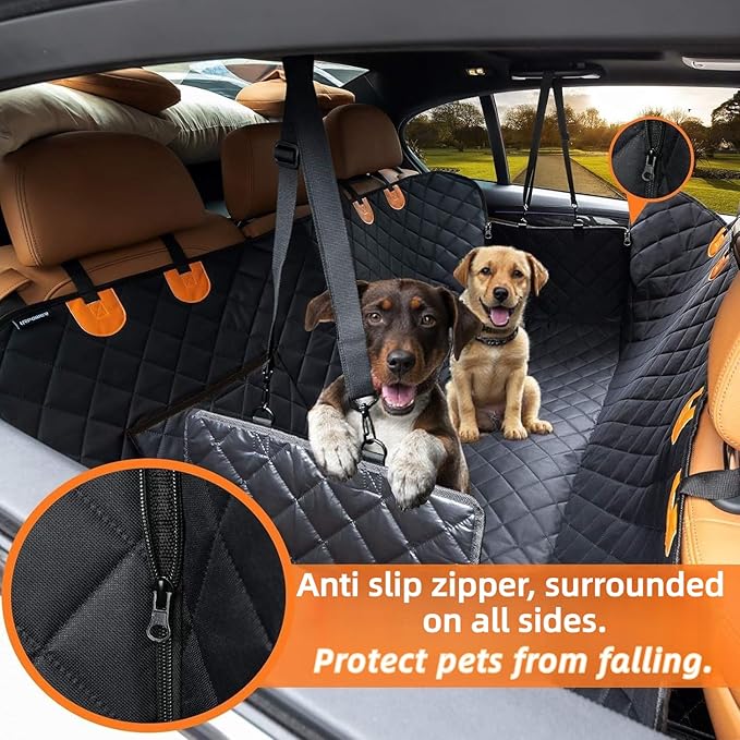 Dog Car Seat Cover for Back Seat,Heavy Duty Dog Hammock for Car with Side Flap,100% Waterproof Pet Backseat Cover, Anti-Scratch Nonslip Pet Seat Protector for Cars Trucks and SUV (Black with Orange)