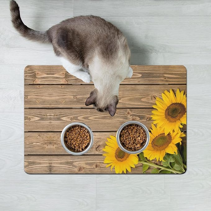 Dog Food Mats for Floors Absorbent, Cat Food Mat - Pet Cat Feeding Mat Quick Dry, Dog Bowl Mats for Water, Pet Supplies Feeding Placemat 16" x 24" Wood Grain Sunflower