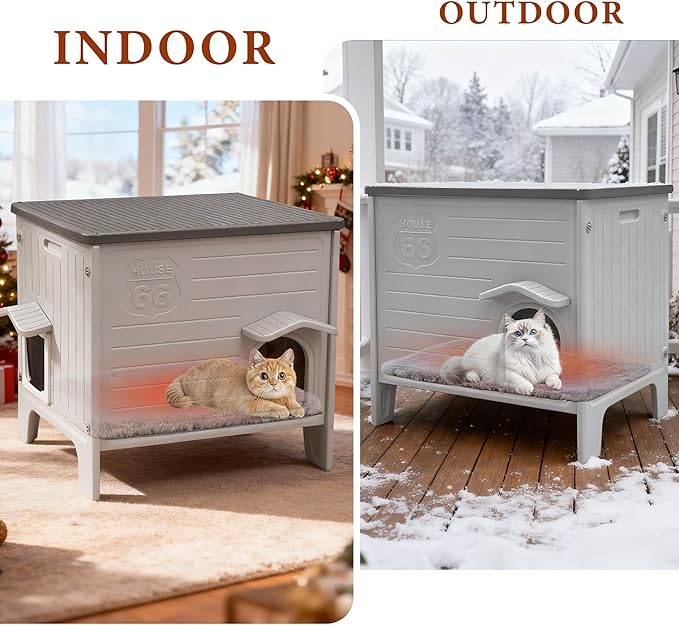 Deblue Cat House Outdoor with Cat Mat Large Weatherpoof Plastic Cats Houses with Escape Door Indoor Waterproof Feral/Pet Cat Shelter Outside for Multiple Cats (Grey)