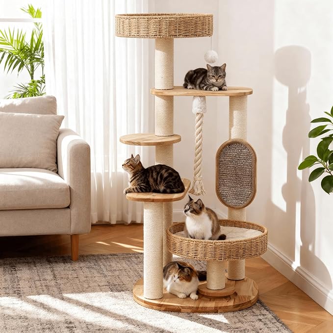 Wooden Cat Tree for Large Cat, Tall Cat Tower with Scratching Post for Indoor Cats, Multi-Level Cat Condo with Hand-Woven Cat Bed and Scratching Board Easy to Clean (48IN)