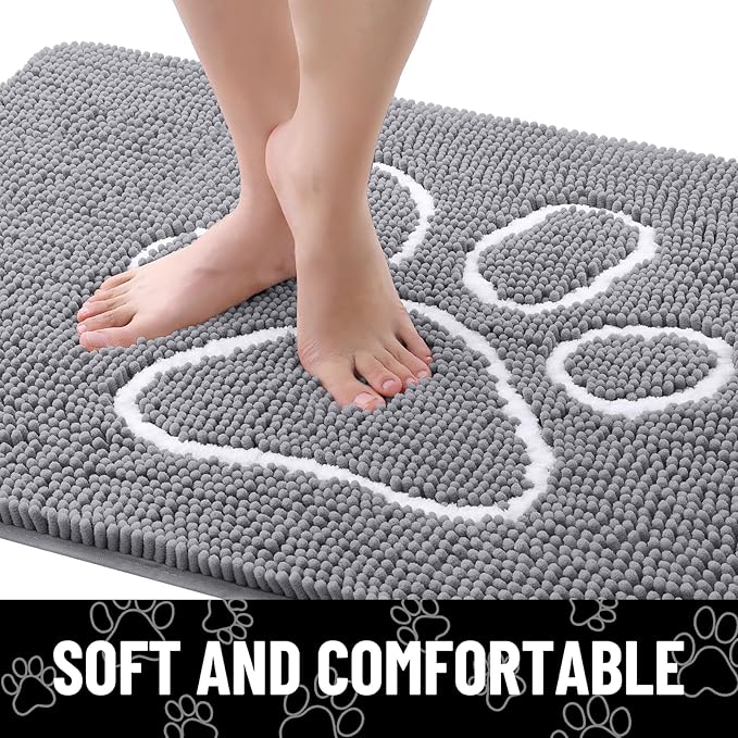 Smiry Dog Door Mat for Muddy Paws, Absorbent Dirt Trapper Non Slip Quick Dry Washable Chenille Mat for Mud Dogs, Entry Rug for Indoor and Outdoor (40x32 Inches, Grey and White)