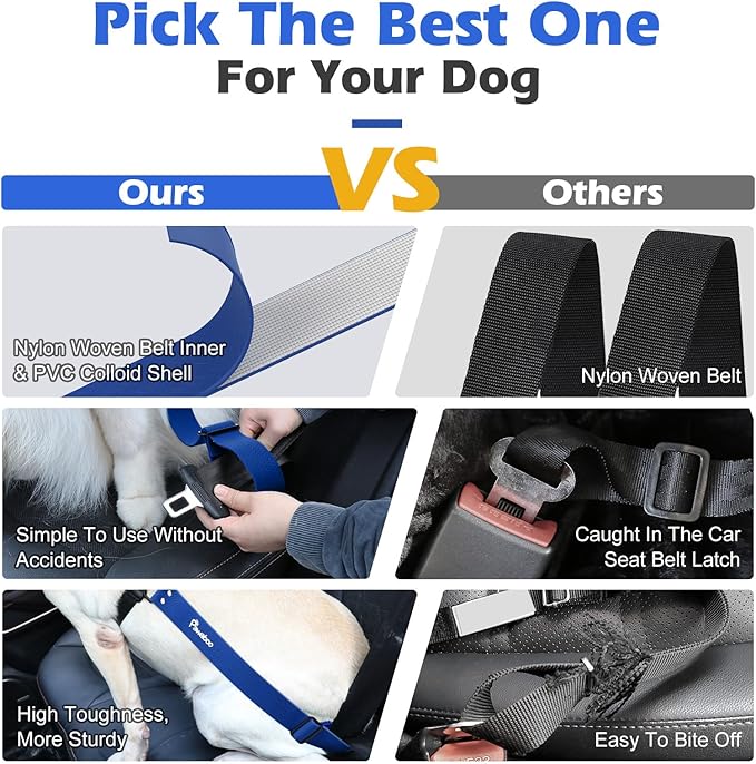 Pawaboo Dog Car Seatbelt, Universal Pet Safety Belt, Chew-Proof Dog Car Restraint with Adjustable Strap, Nylon Woven Belt & PVC Shell Dog Seatbelt, Dog Leash with 360° Hook,20 in, 2 Pack, Blue + Black