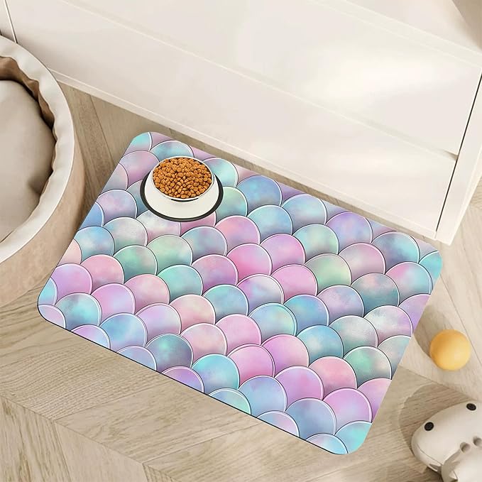 Pink Mermaid Scale Pet Feeding Mat,Absorbent Quick-Dry Cat Dog Food and Water Bowl Mats,Non-Slip Rubber Backing Mat,Cat Dog Accessories Supplies 16"x24"