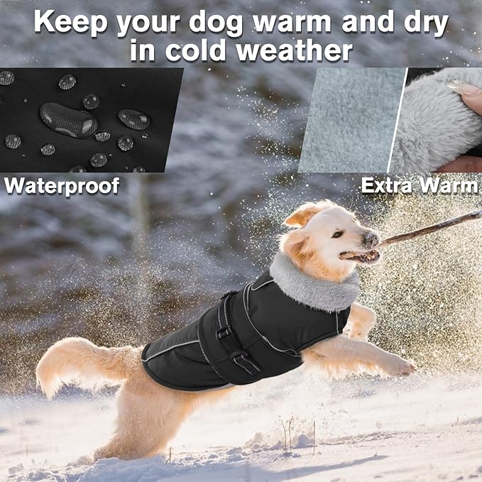 Lelepet Warm Dog Coats for Large Dogs Waterproof Dog Jacket Reflective Pet Fleece Vest Windproof Cold Weather Coats with Adjustable Buckle & Leash Hole, Black, XXXL