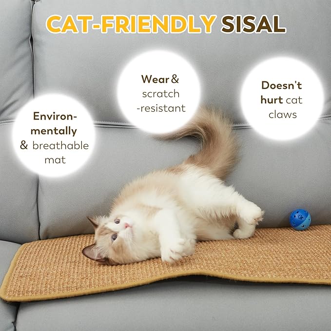 Cat Scratcher Mat with Sticky Tapes, 23.6" x 15.7" Sisal Cat Scratching Carpet for Indoor Cats, Horizontal Cat Scratcher for Cat House, Scratching Posts, and Couch Protection(Camel)