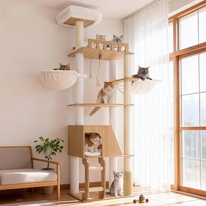 Hey-brother Wooden Cat Tree, 69.7 inch Cats Furniture Tower with Large Platforms, Hammocks, Spacious Condo, Full Sisal Scratching Posts, Ladder, Brush, Water Proof Surface, White Oak MPJ120BT