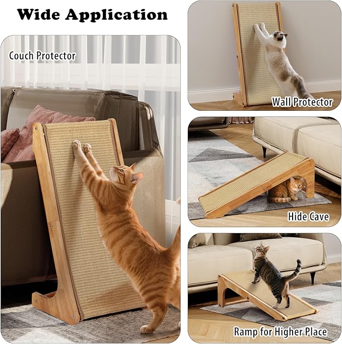 L Shaped Sisal Cat Scratcher - 28 Inch Cat Scratch Ramp for Indoor Cat use,Vertical Cat Scratching Post,Wooden Climbing Kitten/Cats Furniture(Large)