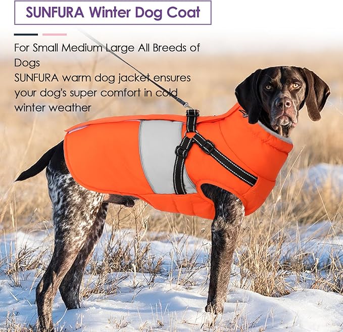 SUNFURA Dog Coat for Large Dogs, Warm Pet Jacket Winter with Harness Built in, Waterproof Pet Snow Jacket with Furry Collar, Reflective Fleece Snowsuit for Extra Large Dogs, Orange XL