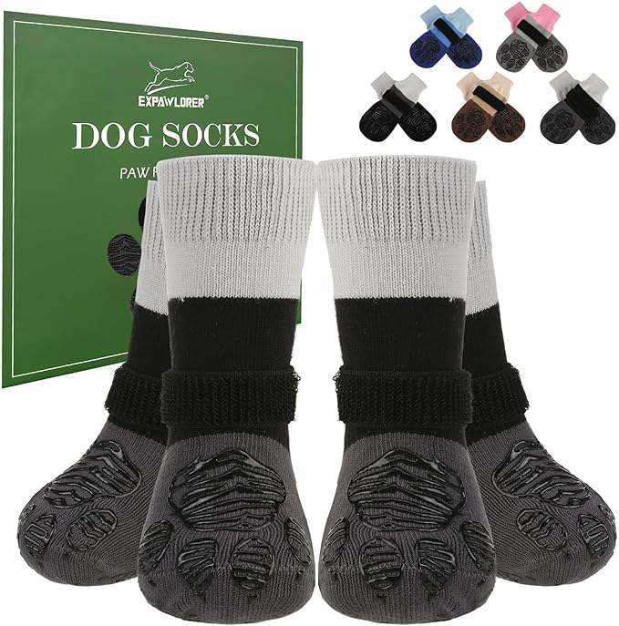 EXPAWLORER Anti Slip Dog Socks to Prevent Licking Paws, Dog Shoes for Cold Winter, Dog Booties for Hardwood Floors, Dog Boots & Paw Protectors with Grippers for Small Medium Large Senior Dogs Grey XS