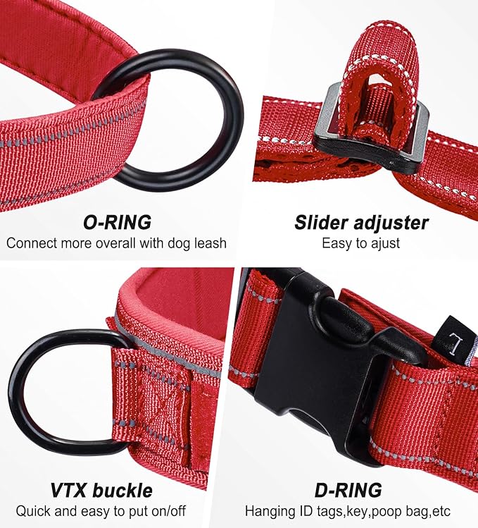 Red No Pull Dog Harness for Small Medium Large Sized Dog, Reflective Escape Proof Adjustable Dog Harnesses with 2 Patch, L