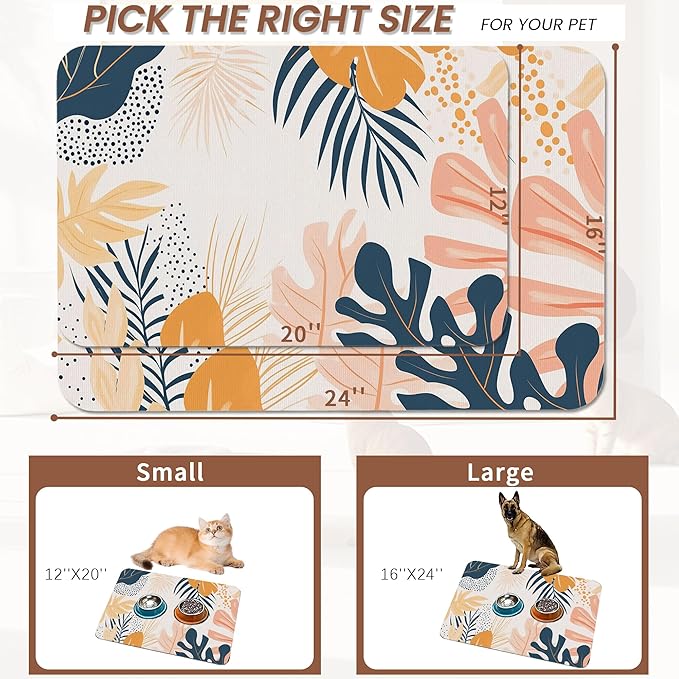 Boho Tropical Leaves Dog Food Mat for Floors,Absorbent Pet Food and Water Bowl Mats,Non-Slip Pet Feeding Mat,Pet Supplies 16" x 24"