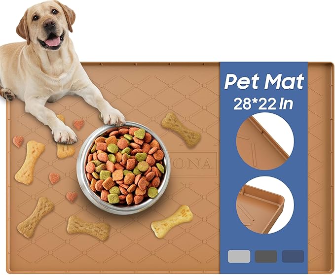 URMONA Large Dog Food Mat, 28" x 22" Pet Food Mat, Waterproof Dog Cat Food Mat with Raised Edges, Silicone Pet Food Mat, Dog Accessories, Prevents Food Spills, Protects Floors（Khaki）