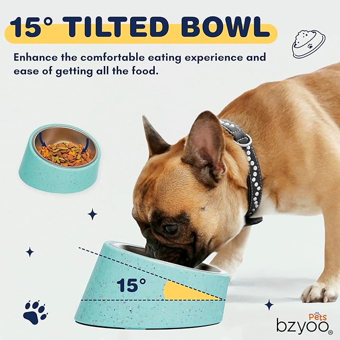 Bzyoo 2 Cup Tilted Dog Bowl for Small Dogs & Cats, Stylish Sprinkle Design, Elevated, Stainless Steel 16oz Inner Bowl, Non-Skid, Help Cotain Spills, Dishwasher Safe Color: White