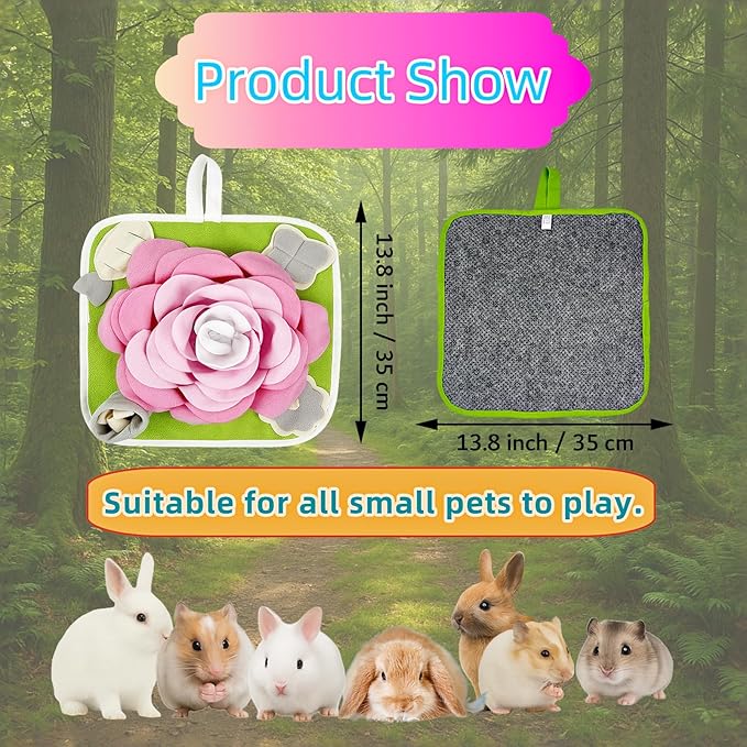 Rabbit Foraging Mat, Bunny Activity Toys Snuffle Mat for Small Animals Forage Mat for Rabbit Guinea Pig Hamster Chicken Hedgehog Chinchilla Puppies Cat Stress Relief Puzzle Interaction Toys (Pink)