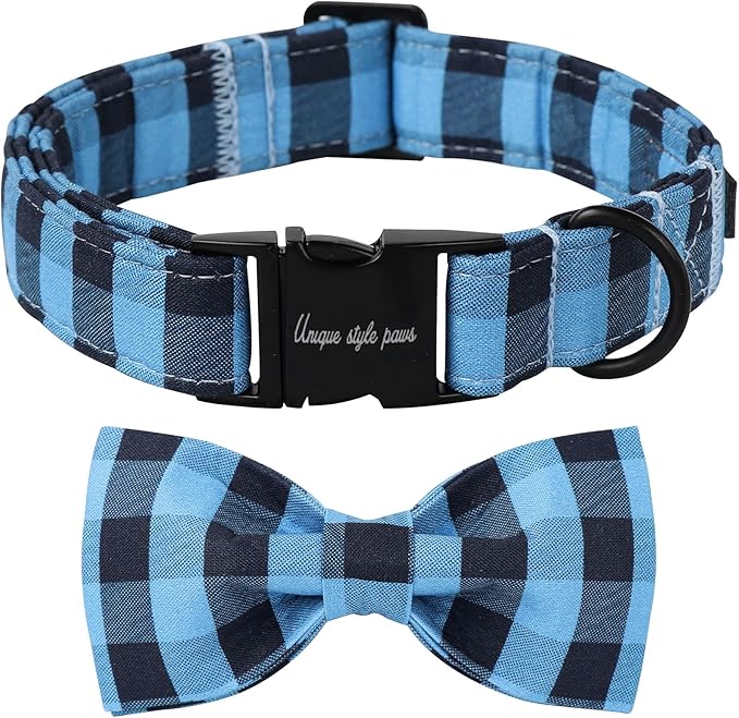 Unique style paws Cotton Dog Collar with Bow Puppy Collar with Black Blue Grid for Small Medium Large Boys Girls Dogs