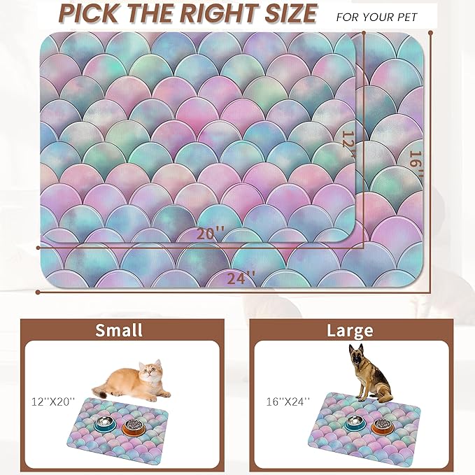 Pink Mermaid Scale Pet Feeding Mat,Absorbent Quick-Dry Cat Dog Food and Water Bowl Mats,Non-Slip Rubber Backing Mat,Cat Dog Accessories Supplies 16"x24"