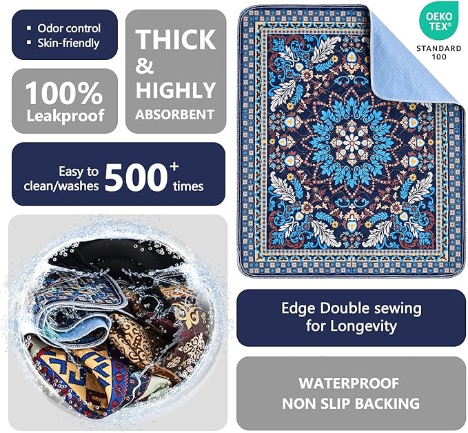 Qeils Washable Pee Pads, Reusable Puppy Pads Super Absorbent Leakproof Dog Training Pads, Non-Slip Wee Wee Pads for Crate, Floor, Potty Pads Feeding Mat Dog Pee 2 Pack 48"x48"
