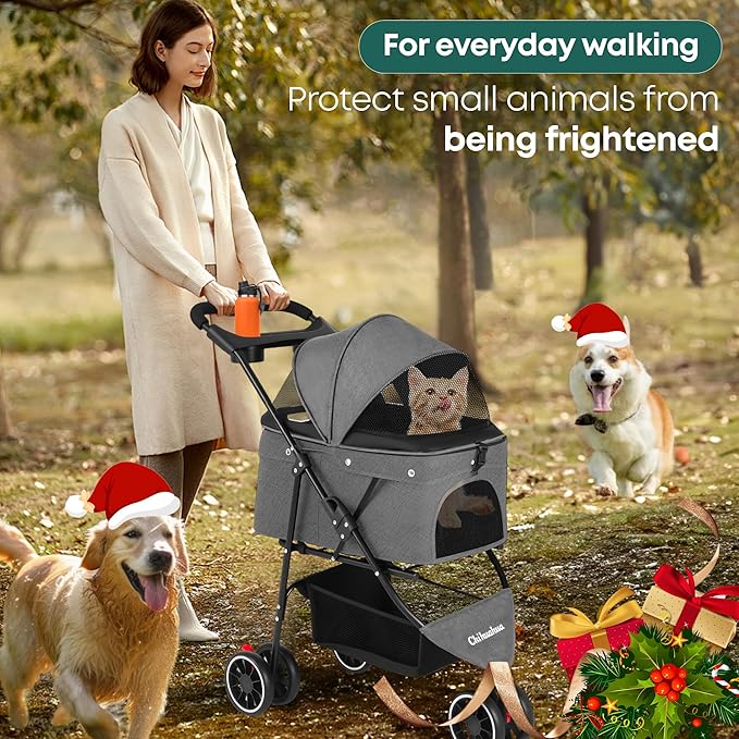 Pet Stroller,Dog Stroller for Small Medium Dogs Cats,3 Wheels,Foldable,with Breathable Mesh Canopy,Cup Holders,Easy Assembly,Grey