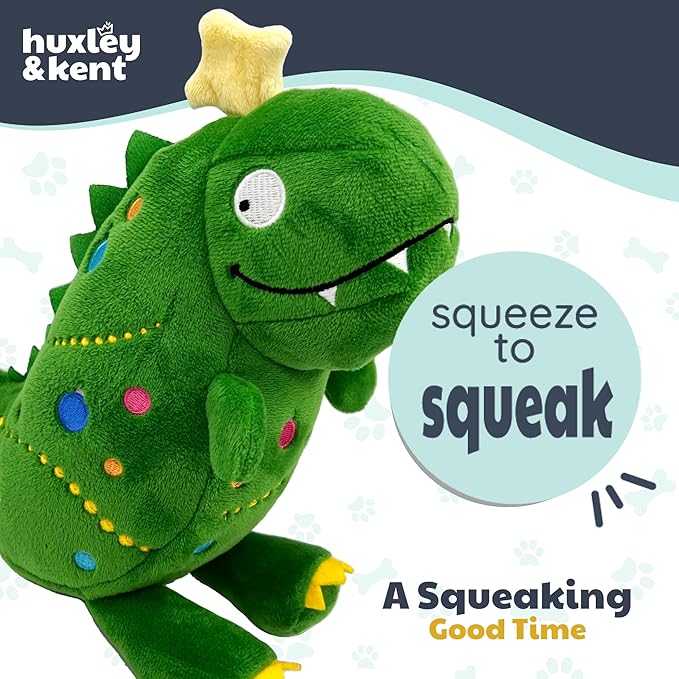 Huxley & Kent Funny Dog Toy w/Squeaker – Holiday Power Plush Squeaky Dog Toys for Small, Medium & Large Dogs – Soft Stuffed Animal for Indoor Play & Fetch - Tree Rex 2.0, Small