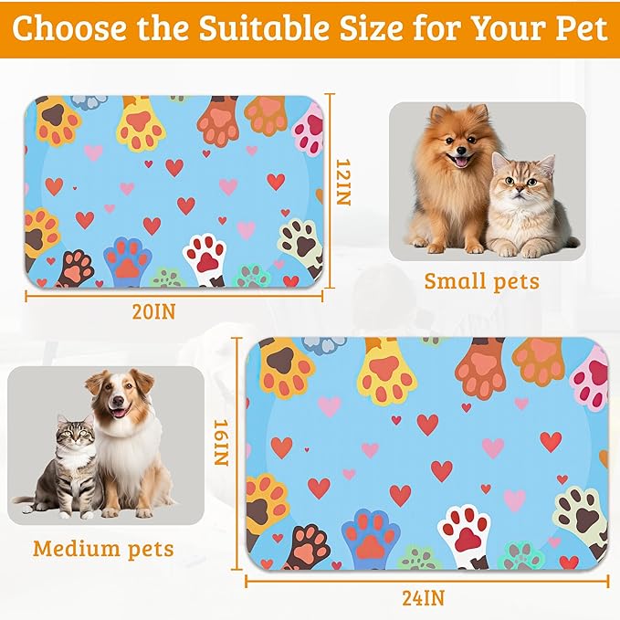 Pet Feeding Mat,Dog Paws Absorbent Dog Cat Food Mat Cute Cat Dog Mat with Rubber Backing,Non-Slip Water Bowl Placemat,Pet Supplies 12" x 20"