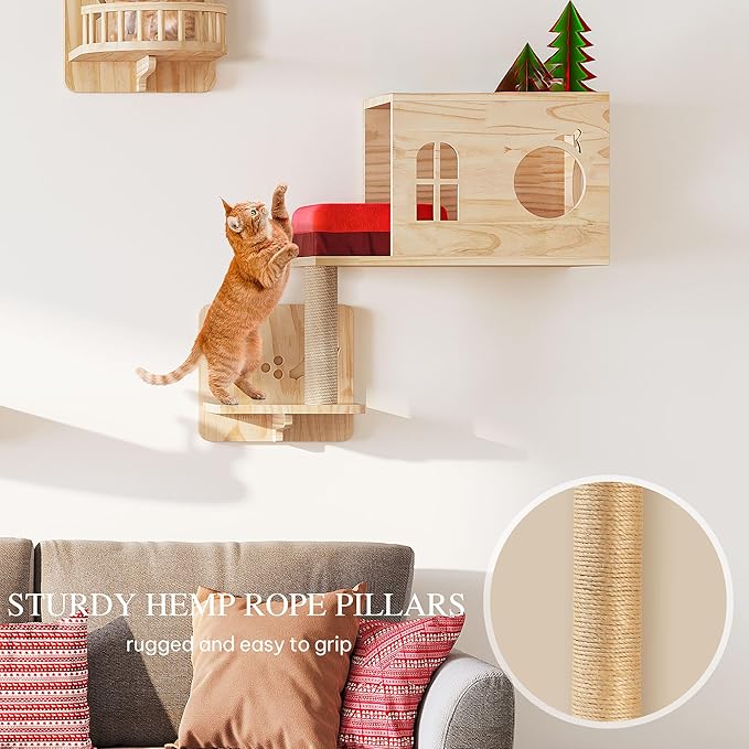 Cat Wall Shelves, 17-in-1 Solid Wood Wall-Mounted Cats Furniture Set with Scratching Post, Cat Climbing Wall Systems with Condos, House, Steps, Cushion, Small Bowl, Cats Shelf Furniture