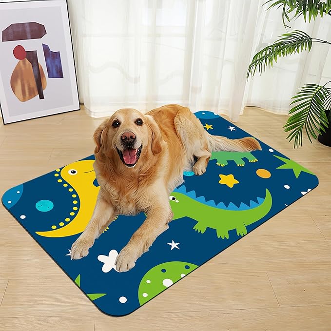 Cartoon Dino Pet Feeding Mat–Christmas Stocking Quick Dry Absorbent Dog Cat Food Mat, Non Slip Waterproof Bowl Placemat for Messy Eaters, Pet Accessories for Floors 16"x24"