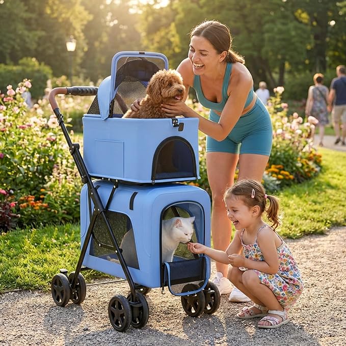 Magshion Foldable Double Pet Stroller for 2 Small & Medium Dogs and Cats, Detachable Top & Bottom Carriers, Breathable Mesh, One-Click Fold, Cat Stroller with No Zip Entry