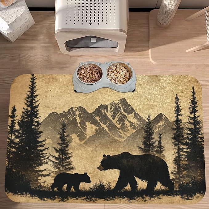 Rustic Bear Dog & Cat Food Mat for Floors Waterproof,Quick Dry Anti-Slip Bowl Mats for Food and Water,Pet Feeding Mats,Pet Placemat for Messy Drinkers to Protect Floors,Pets Supplies 23.62×15.75in