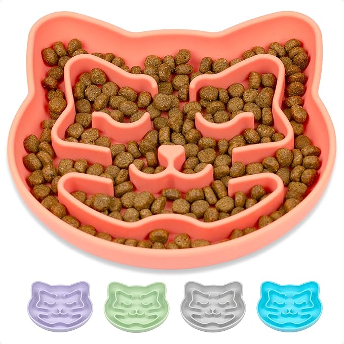 Snuggli Slow Feeder Cat Bowl | Cat Puzzle Feeder for Slow Eating, Mental Enrichment, Digestion, & Bloat Relief | Non-Slip Silicone, Dishwasher Safe, 1 Cup (Coral)