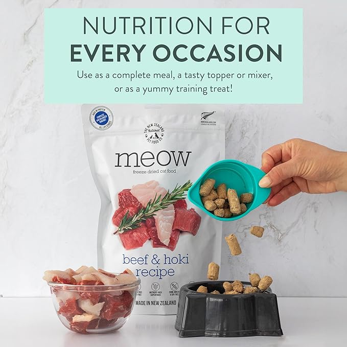 The New Zealand Natural Pet Food Co. Meow Freeze Dried Cat Food - Beef & Hoki Recipe, High Protein Treats, Meals & Toppers, Dry Cat Food, 9.9 oz