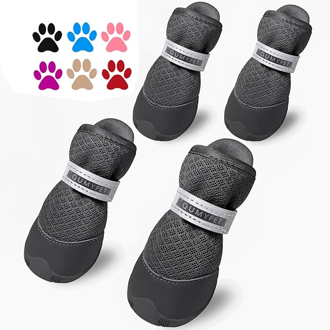 QUMY 4PCS Dog Shoes for Small Dogs, Hot Pavement Summer Puppy Dog Boots & Paw Protectors with Soft Anti-Slip Rubber Sole, Mesh Breathable Dog Booties for Hardfloors, Walking Running Black Size 3