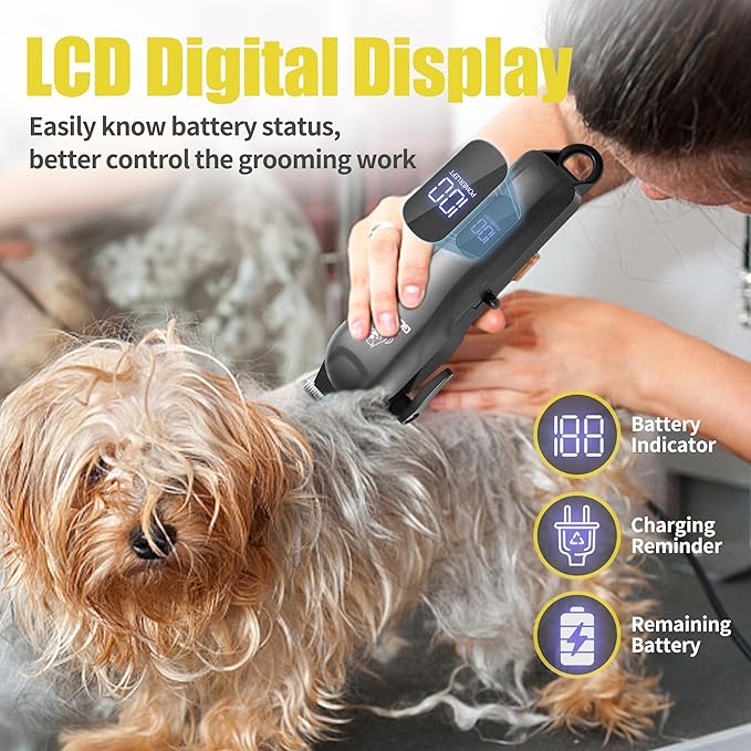 Dog Clippers for Grooming,Dog Grooming Kit for Heavy Thick Hair&Coats/Low Noise Rechargeable Cordless Pet Shaver with Paw Trimmer Nail Grinder/Hair Trimmer for Small & Large Cats