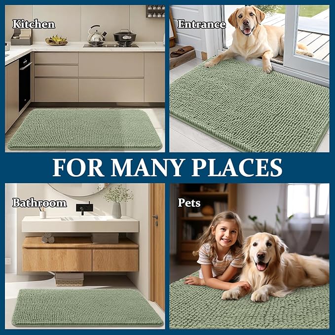 OLANLY Dog Door Mat for Muddy Paws 30x17, Absorbs Moisture and Dirt, Absorbent Non-Slip Washable Doormat, Quick Dry Chenille Mud Mat for Dogs, Entry Indoor Entryway Carpet for Inside Floor, Sage Green