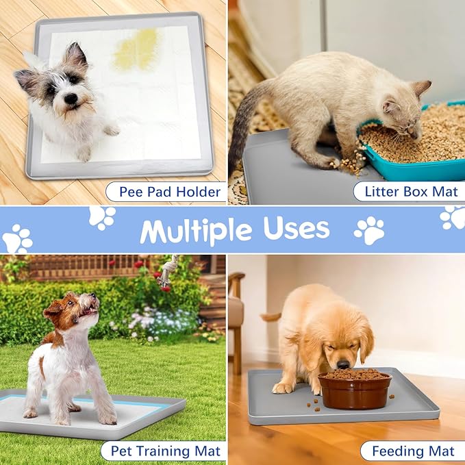 Pee Pad Holder for Dog, 24" × 24" Puppy Pad Holder with Clamps, Raised Edges Leak-Proof Dog Pee Pads Holders, Waterproof Silicone Potty Pads for Dogs, Easy to Clean Indoor, Gray