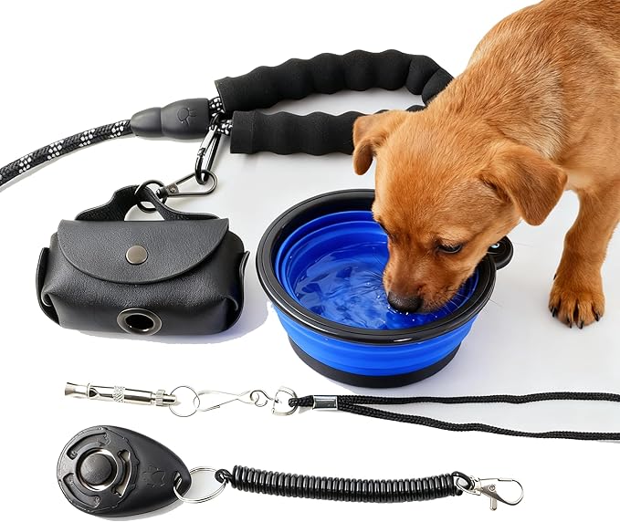 5Pack Dog Training Kit for Beginners, Puppy Training Set for Small and Medium Dogs, Reflective Leash, Training Clicker, Adjustable Whistle, Travel Slow Feeder Bowl and Leather Poop Bag Holder