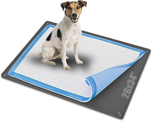 TidyFriend Dog Pee Pad Holder Tray Fits for 28” x 34” Pee Pads with Corner Lock Holes, Raised Edges, Non-Spill, Easy to Clean Silicone Dog Potty Tray Holder, for Indoor Floor Protection (Grey)