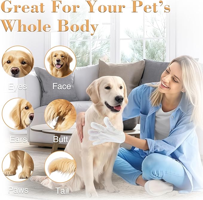 Pet Glove Wipes for Dogs & Cats, Infused with Coconut Oil & Plant Extracts, Deodorizing Bathing Grooming Glove Wipes, Daily & Outdoor Grooming Care, (8 Pcs)