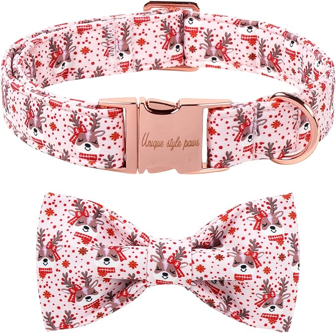 Unique Style Paws Christmas Dog Collar with Bow Red Pink Elk Cotton Puppy Collars for Small Medium Large Dogs