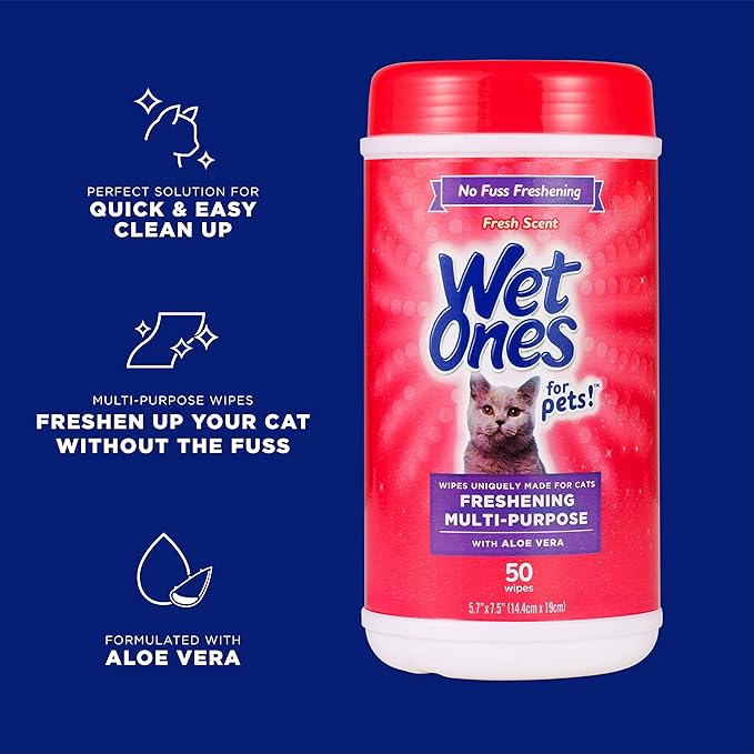 Wet Ones for Pets Freshening Multipurpose Wipes for Cats with Aloe Vera, Fresh Scent - Easy to Use Cat Cleaning Wipes for Pet Grooming in Canister, 50 Count - 3 Pack