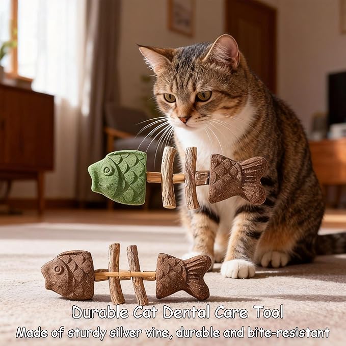Purrident Natural Dental Chew Toy for Cats - Fishbone Shape with Catnip & Silvervine, Teeth Cleaning Stick for Interactive Play & Kitten Health Comes with 3 Cat Teething Sticks (B*3Pcs)