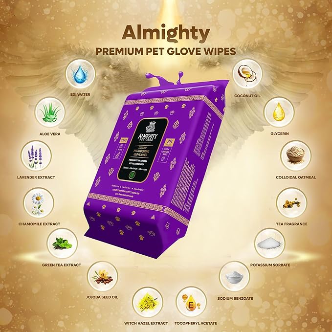 Almighty – Premium Pet Grooming Glove Wipes for Dogs & Cats | 20 Count | Instant Bath Cleaning Glove | Ultra-Thick, Hydrating & Nourishing | Deodorizing, Hypoallergenic, No-Rinse – Lavender Scent