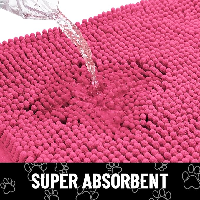 Smiry Dog Door Mat for Muddy Paws, Absorbent Dirt Trapper Non Slip Quick Dry Washable Chenille Mat for Mud Dogs, Entry Rug for Indoor and Outdoor (36x24 Inches, Hot Pink and White)