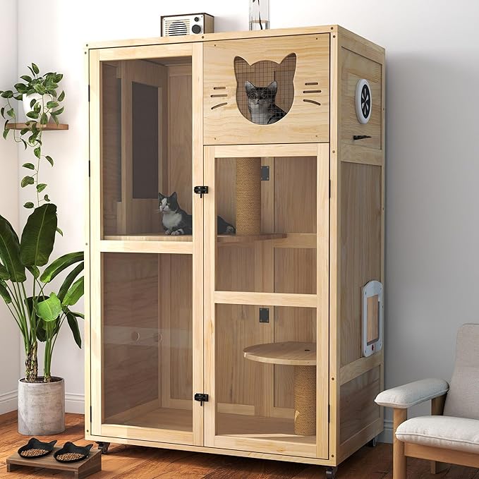 Large Wooden Cat House on Wheels, Indoor Cat Villa with Condo, Multi Platforms, Scratchers, Vent, Litter Box Area, Clear Doors, Cat Cage Enclosure for Kittens & Adult Cats (Natural Wood)