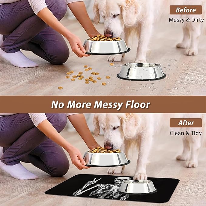 Funny Skull Skeleton Dog Food Mat for Floors,Absorbent Quick-Dry Pet Feeding Mat,Cat Dog Bowl Mats for Food and Water,Non-Slip Pet Accessories Supplies 12"x20"
