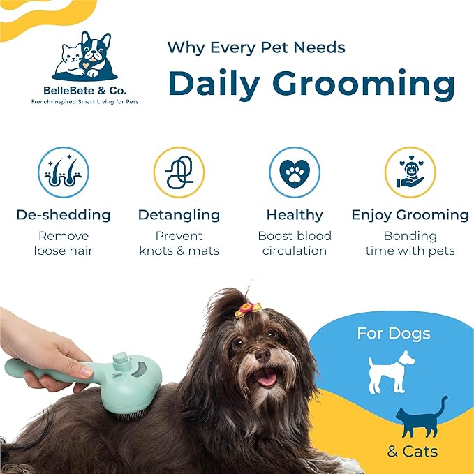BelleBête & Co. Pet Steam Brush for Dog and Cat, Pet Hair Removal Grooming and Shedding Tool with One-Click Easy Self-Cleaning, USB Charging, No-Rinse Conditioning, Combs for Animals | White