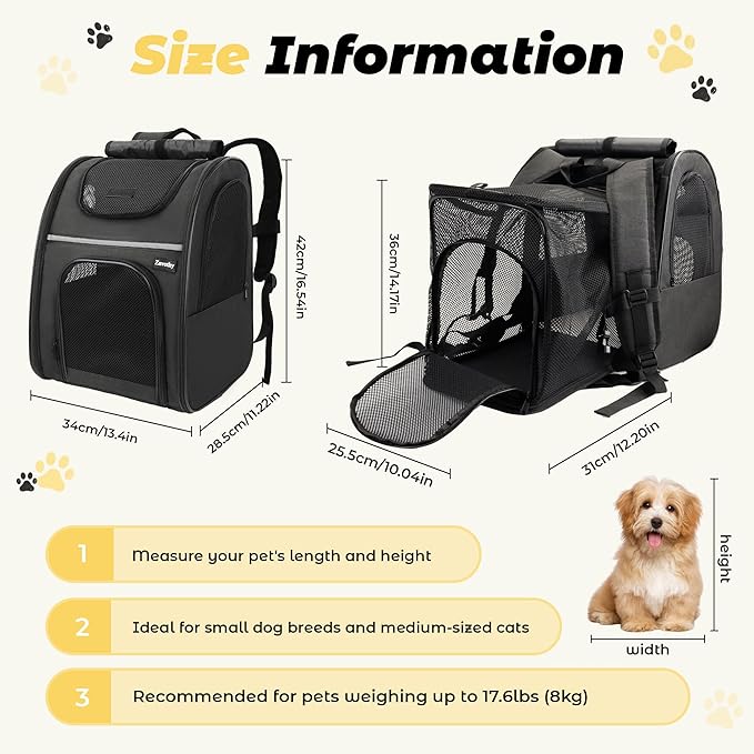 Zavothy Expandable Pet Backpack Carrier for Small Cats & Dogs, Airline Approved Travel Bag with Mesh Windows, Expandable Space, Padded Bottom, Foldable Design Black
