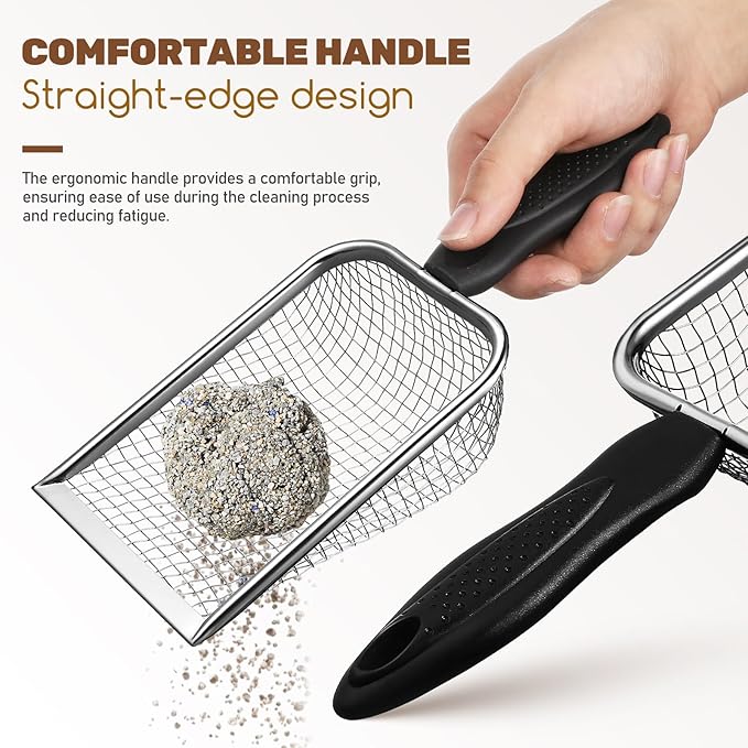 2 Pcs Stainless Steel Cat Litter Scoop - Metal Litter Box Scooper with Dual Mesh Sizes & Hanging Hole, Durable Corner Cleaner for Efficient Clump Removal