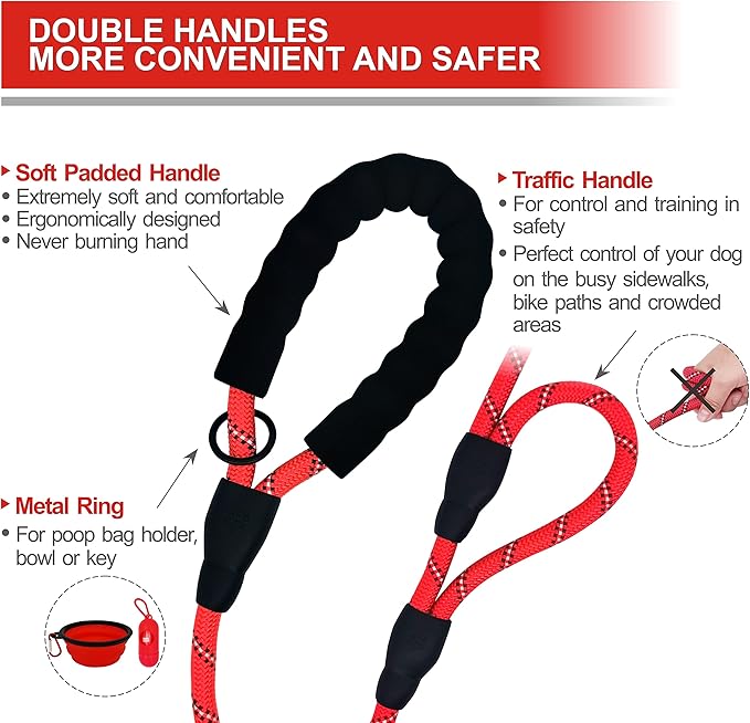 Dog Leash Heavy Duty 6ft, Double Handle Dog Leash with Padded Handle for Traffic Control, Reflective Rope Leashes for Large and Medium Dogs Night Control Safety Training (Red)